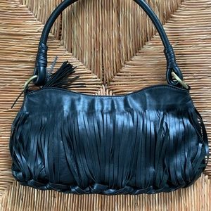 Sondra Roberts Black Faux Leather Fringe Handbag
